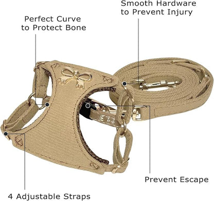 No Pull Dog Harness and Leash Set for Small Sized Dog Training; Puppy Harnesses with Multifunction Dog Leash, Soft Adjustable Denim No Choke Escape Proof Pet Harness for Small and Medium Dog (Brown S)