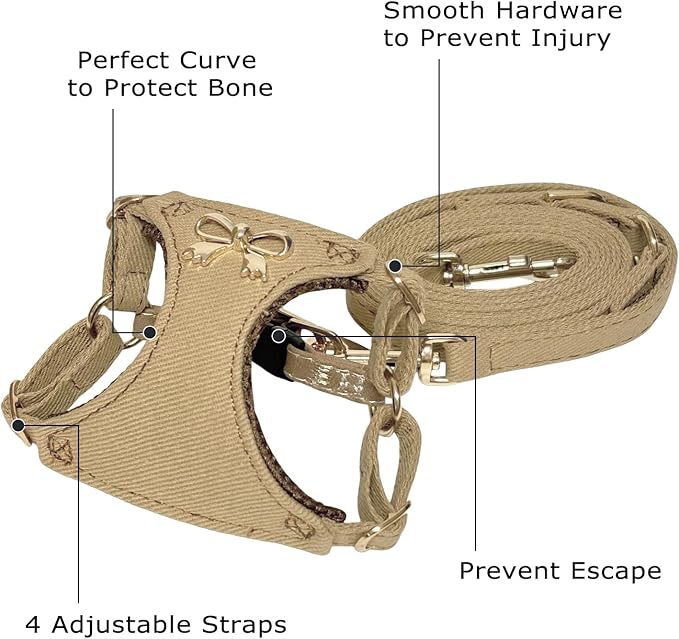 No Pull Dog Harness and Leash Set for Small Sized Dog Training Puppy Harnesses with Multifunction Dog Leash Soft Adjustable Denim No Choke Escape Proof Pet Harness for Small and Medium Dog (Brown XS)