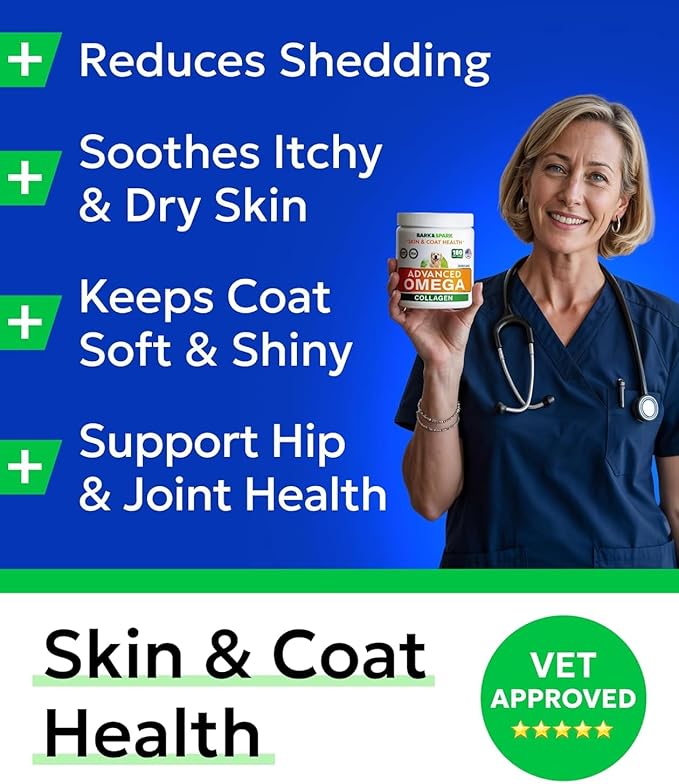 BARK&SPARK Advanced Omega-3 Collagen for Dogs - 180 Salmon & Fish Oil Treats for Dog Shedding, Skin Allergy Chews, Itch Relief, Hot Spots Treatment - Joints, Skin & Coat Supplement,EPA&DHA Fatty Acids