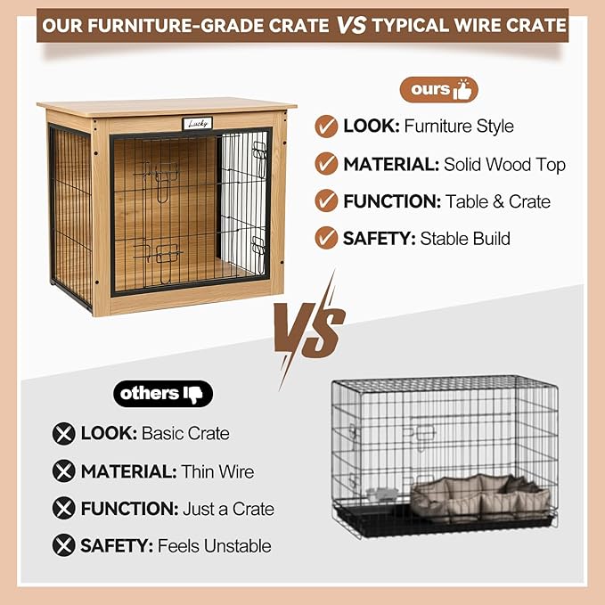 Oak Dog Crate Furniture with Reversible Side Door, Wooden Indoor Dog Kennel for Small Medium Dogs, End Table Dog Crate with Double Locks, Heavy Duty Steel Mesh Furniture Style Dog Cage