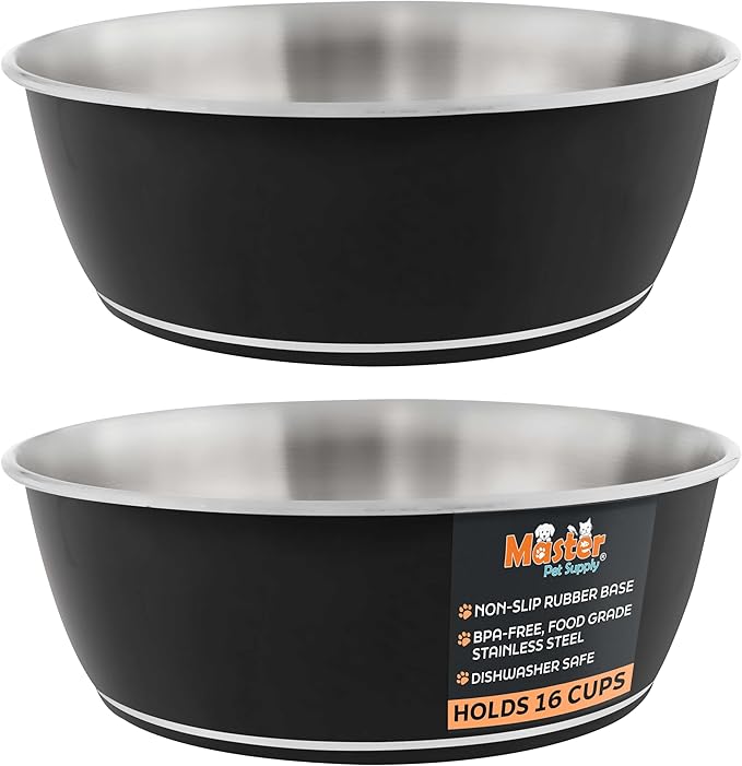 Master Pet Supply Stainless Steel Dog Bowls Set of 2 (128 Oz Each) with Non-Slip Rubber Base - Black Velvet - Basic Dog Food Bowl Water & Food Bowls for Small Medium Large Dogs & Cats, Metal Dish