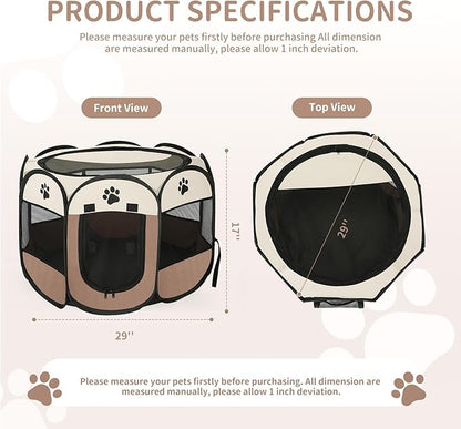 Dog playpen, Foldable Puppy Playpen, Pet Playpen Carrier Pop Up Tent 8-Panel Mesh Cover Adorable Design 600D Soft Oxford Playpen Kennel for Indoor-Outdoor Dog Cat Rabbit. (M 35" 35" 24", Brown)