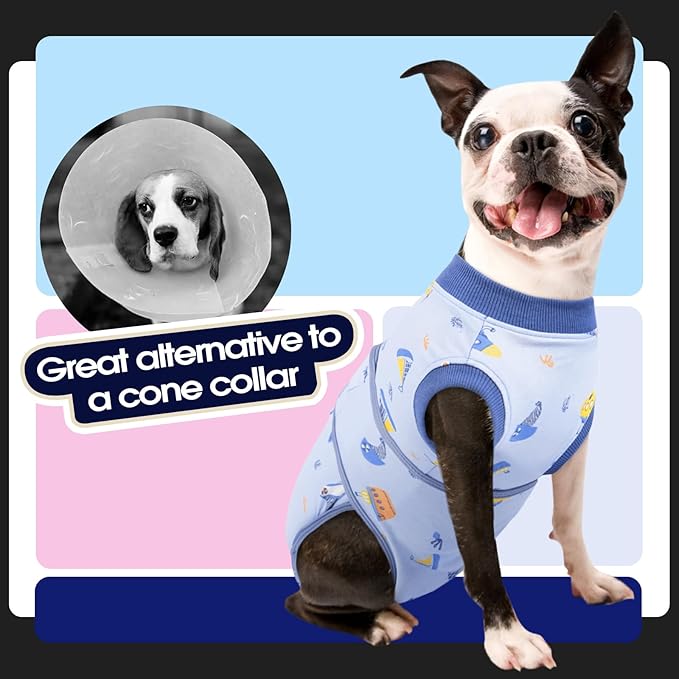 FUAMEY Recovery Suit for Dogs After Surgery,Soft Breathable Dog Bodysuit E-Collar & Cone Alternative Surgical Suit,Male Female Dog Neuter Spay Suits Anti Licking Wounds Onesie Blue Boat M