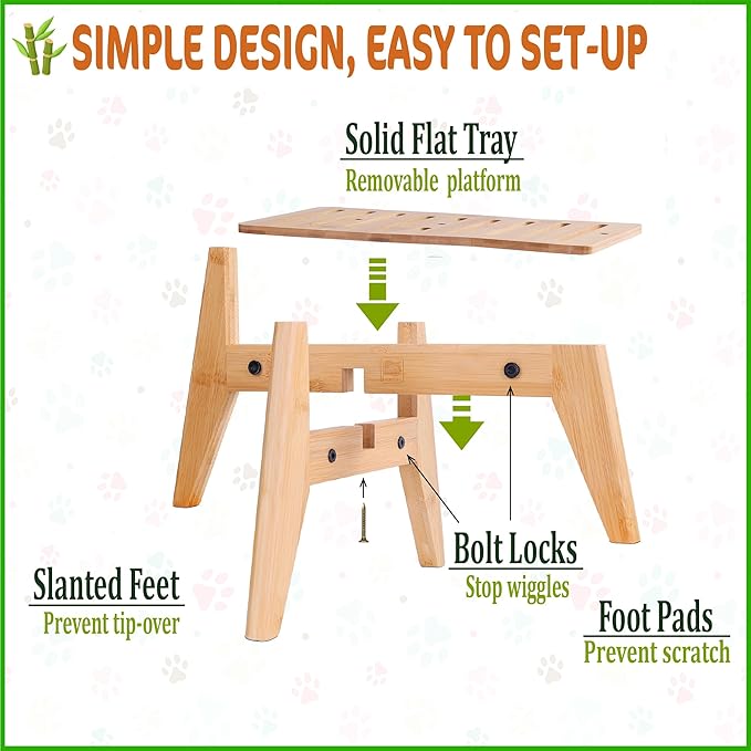 Dog Water Bowl Dispenser Stand for Medium Breeds - Elevated Raised Automatic Dog Food Feeder Holder - Adjustable Fit - Durable Bamboo