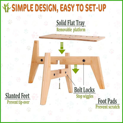 Dog Water Bowl Dispenser Stand for Medium Breeds - Elevated Raised Automatic Dog Food Feeder Holder - Adjustable Fit - Durable Bamboo