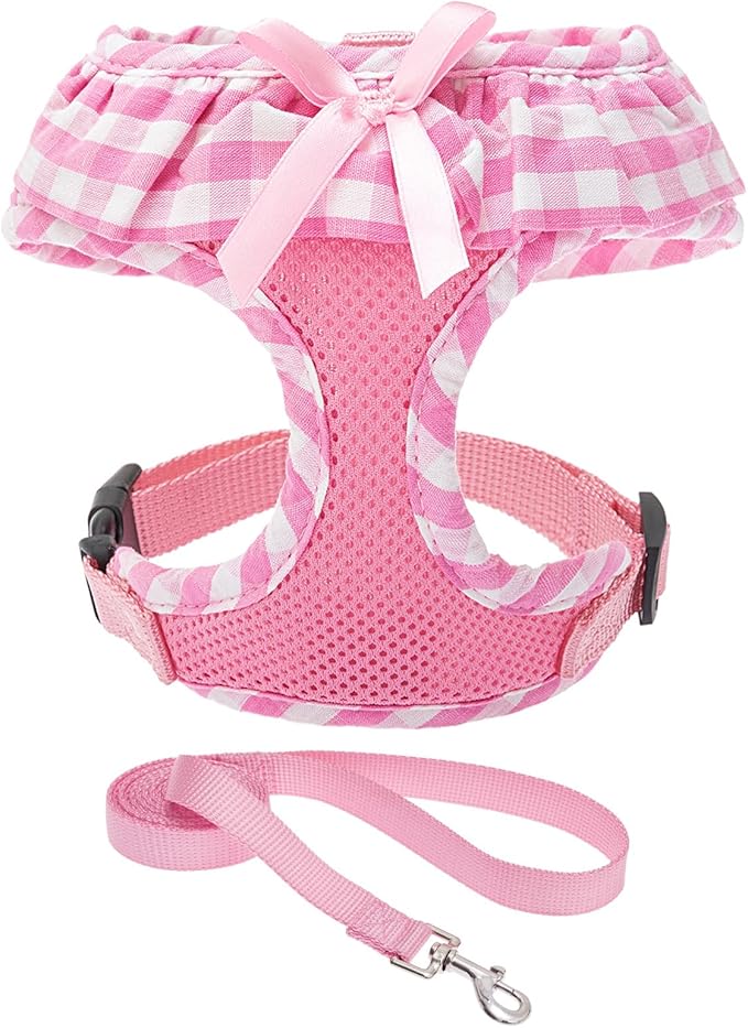 EXPAWLORER Cute Dog Harness and Leash Set - Pink Girl Dog Harness Checkered Step-in Design, Easy Adjustable No-Choke Lightweight Breathable Vest for Small Medium Dogs Outdoor Walking, Medium