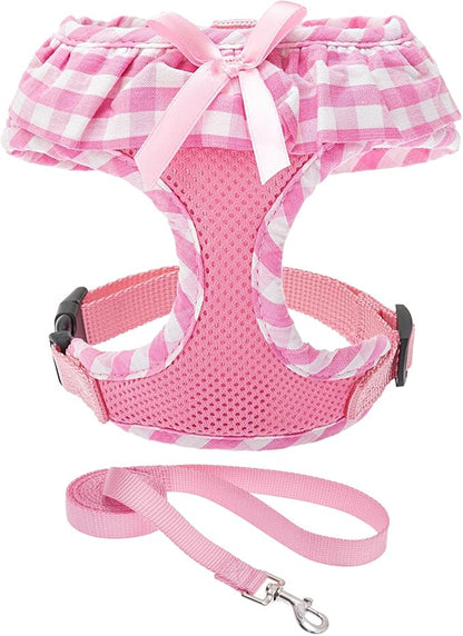 EXPAWLORER Cute Dog Harness and Leash Set - Pink Girl Dog Harness Checkered Step-in Design, Easy Adjustable No-Choke Lightweight Breathable Vest for Small Medium Dogs Outdoor Walking, Medium