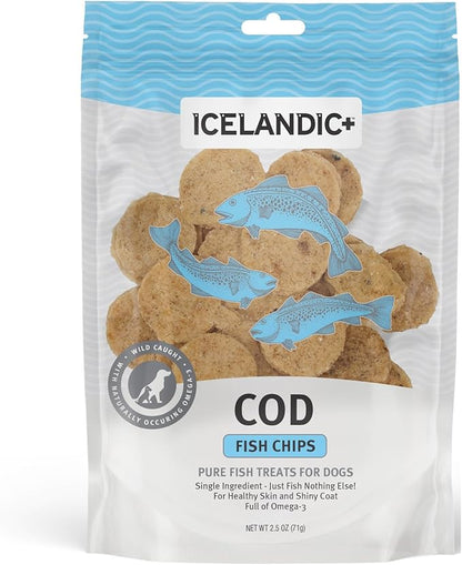 Icelandic+ Fish Chips: Cod - 2.5oz Bag,Dog Treats,Pure Wild-Caught & Air-Dried,Ingredient Crunchy Pet Snacks,Just The Fish Nothing Else,(Pack of 2)
