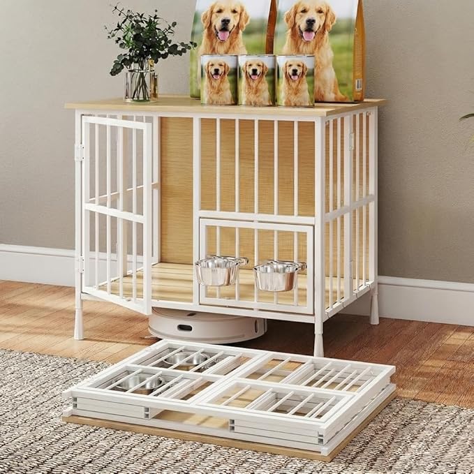 Hadulcet Foldable Dog Crate Furniture, No Assembly Indoor Dog Kennel with Storage Top, Wooden Dog Crate Table for Small to Medium Dogs (Up to 30 lbs), 27.55” Furniture Style Dog Cage with 2 Bowls Oak