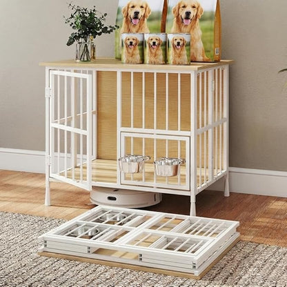 Hadulcet Foldable Dog Crate Furniture, No Assembly Indoor Dog Kennel with Storage Top, Wooden Dog Crate Table for Small to Medium Dogs (Up to 30 lbs), 27.55” Furniture Style Dog Cage with 2 Bowls Oak