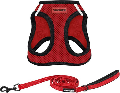 Best Pet Supplies Voyager Step-in Air All Weather Mesh Harness and Reflective Dog 5ft Leash Combo with Neoprene Handle, for Small, Medium and Large Breed Puppies - Set (Red/Black Trim), XX-Small