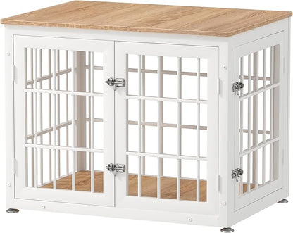 rehomerance 32 Inch Heavy Duty Dog Crate Furniture for Medium and Small Dogs, Decorative Pet House End Table, Wooden Cage Kennel Furniture Indoor, Natural and White