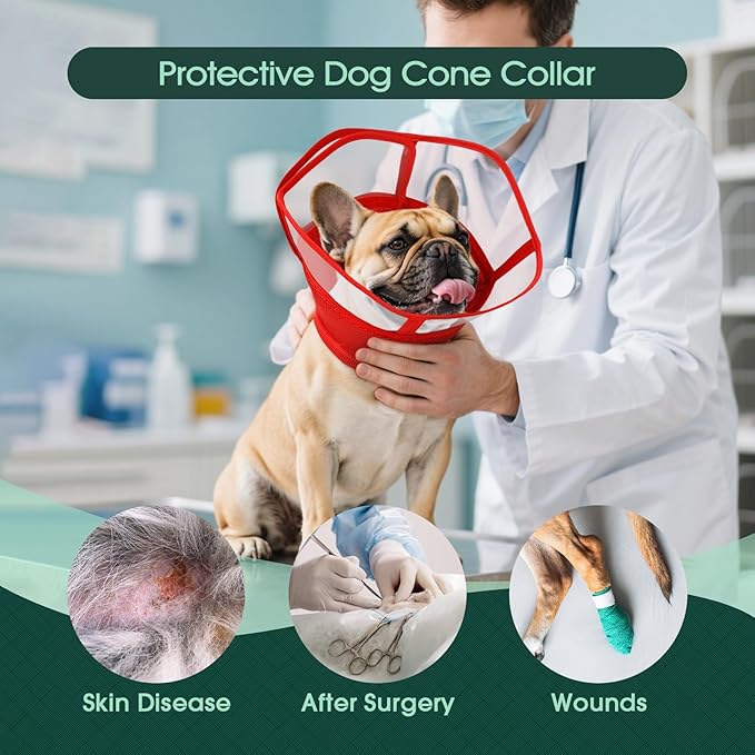 Kuoser Large Dog Cone Collar After Surgery, Soft Cone for Dogs to Stop Licking, Breathable Pet Recovery Collar Comfortable Elizabethan Collars, Adjustable Protective Dog Cones for Large Dogs, Red L