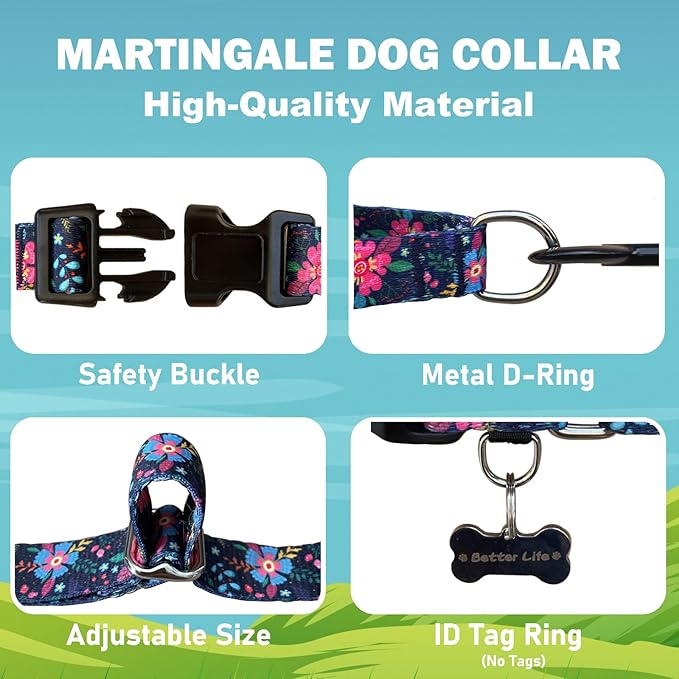 Martingale Collar for Dogs Floral Dog Collars for Small Medium Large Dogs with Buckle Adjustable Soft Nylon Dog Collar (Blue Pink Flower, XLarge)