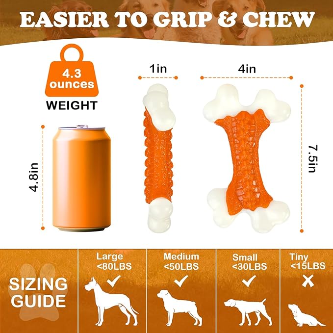 Kseroo 10-Pack Indestructible Dog Toys for Aggressive Chewers: Peanut Butter Flavored Hard Nylon Bone Chew Toys, Tough Dog Chew Toys, Dog Toys to Keep Them Busy for Medium Large Dogs, Orange