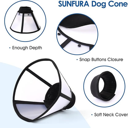 SUNFURA Dog Cone, Soft Dog Cones to Stop Licking After Surgery, Pet Recovery Collar with Detachable Clear Shield, Neck E-Collar Alternative for Medium Breeds, Black M