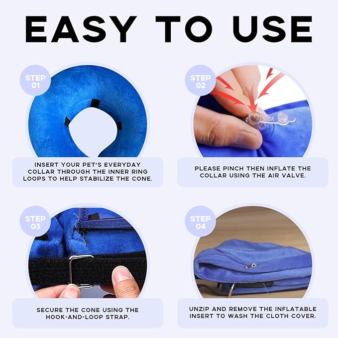 Inflatable Surgery Collar for Dogs-Enhanced Anti-Licking Protective Cone with Adjustable Strap (Blue, L)