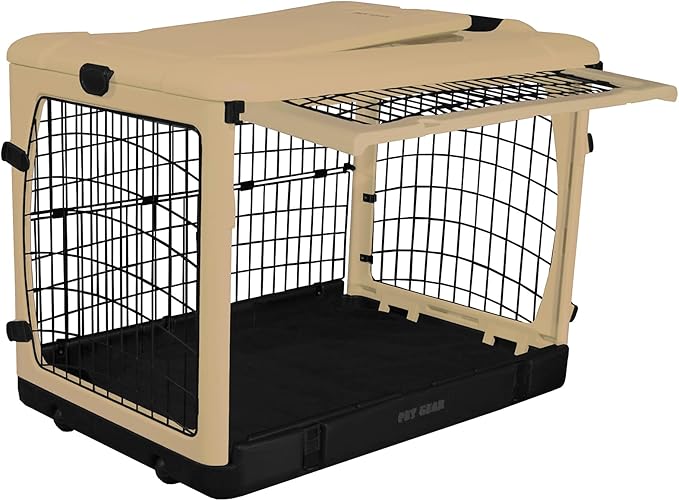 Pet Gear “The Other Door” 4 Door Steel Crate for Dogs/Cats with Garage-Style Door, Includes Plush Bed + Travel Bag, No Tools Required, New Tan, 42 Inch