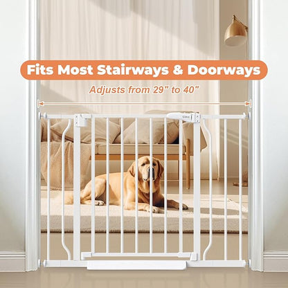 Baby Gate No Drilling, 29"-40" Auto Close Dog Gate Indoor for Doorways & Stairs, Pressure Mounted Adjustable Pet Gate, Easy Walk Through Child Gate for Children & Pets Stroller Friendly, White