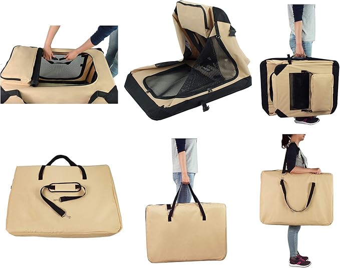 EliteField 3-Door Folding Soft Dog Crate with Carrying Bag and Fleece Bed (2 Year Warranty), Indoor & Outdoor Pet Home (20" L x 14" W x 14" H, Beige)