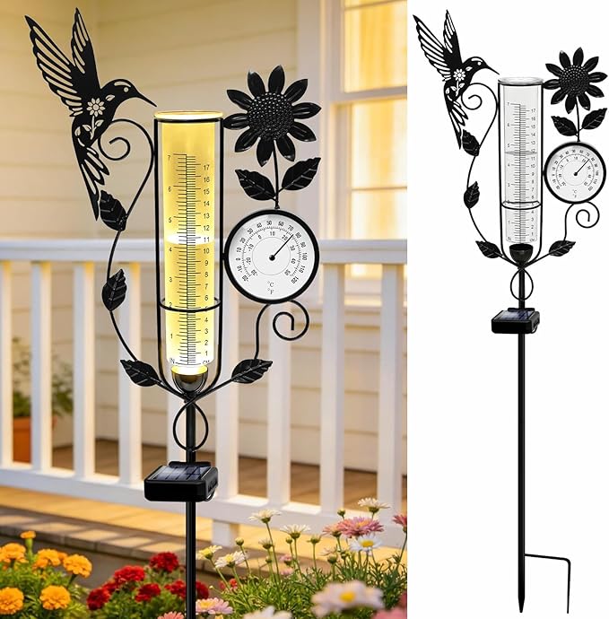 YJFWAL Hummingbird Rain Gauge Outdoor, Decorative Metal Sunflower Solar Rain Gauge with LED Light and Thermometer, Garden Decor for Yard, Lawn, Pathway, Farm