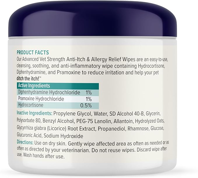 Vetnique Dermabliss 3-in-1 Medicated Dog Wipes - Relief for Itchy Skin, Allergies & Odor Control, Gentle No-Sting Formula, Antihistamine & Hydrocortisone Paw Wipes for Dogs & Cats 50 Count
