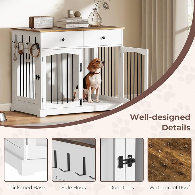 Dog Crate Furniture, Wooden Dog Kennel Furniture, Heavy-Duty Dog Crate End Table with Storage Drawers, Double Doors Decorative Pet Cage House Indoor for Small Medium Dog, 40Inch, White