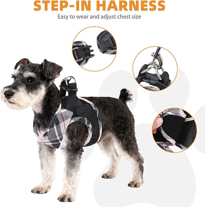 KOOLTAIL Small Dog Harness and Leash Set, Cute Puppy Harness, Step in No Pull Soft Mesh Pet Vest Harness Collar for Small Size Dogs Cats Boy Girl, Plaid Dog Halters for Outdoor Walking, Beige S