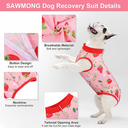 SAWMONG 2 Pack Recovery Suit for Dogs After Surgery, Dog Recovery Suit Soft Polyester, Pet Spay Surgical Suit Female Male, Dog Onesie Body Suit Substitute E-Collar Cone(Strawberry+ Peach,S)