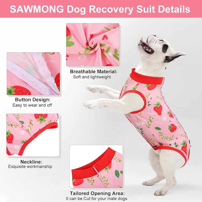 SAWMONG Recovery Suit for Dogs After Surgery, Dog Recovery Suit Breathable Polyester, Pet Spay Surgical Suit Female Male, Dog Onesie Body Suit Substitute E-Collar Cone(Strawberry,L)
