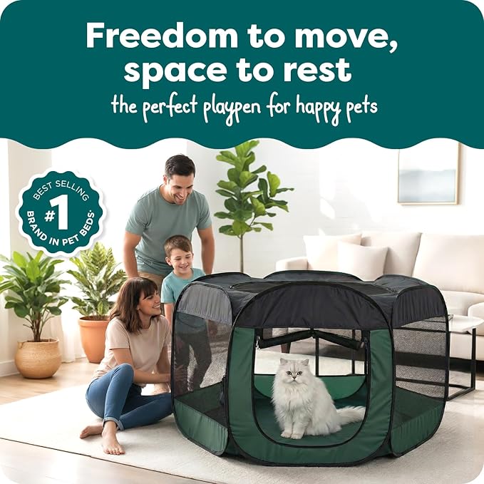 FurHaven Portable Pet Playpen for Dogs & Cats, Foldable Indoor Kitten Playpen with Mesh Sides, Pop Up Travel Dog Pen, X-Large, Hunter Green