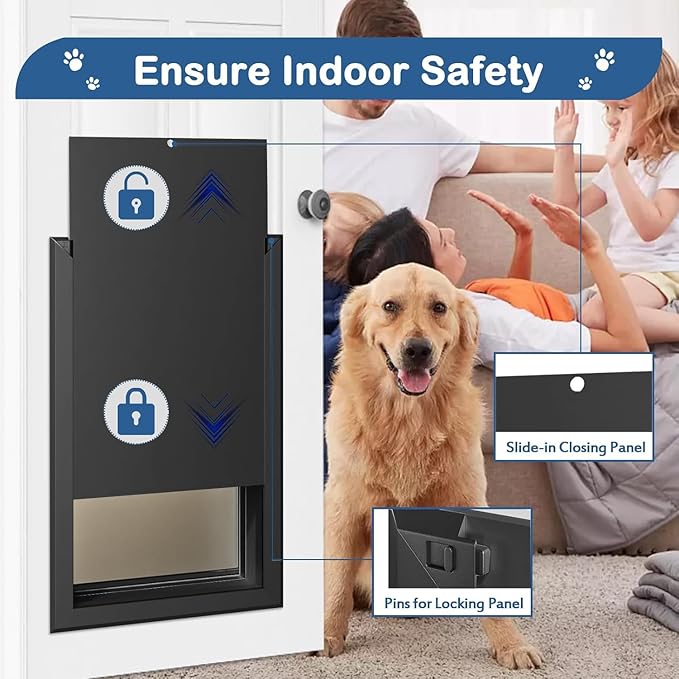 Extra Large Dog Door, XL Dog Door with Self-Closing Insulated Flaps for Extreme Weather, Heavy Duty Aluminum XXL Dogs Doors for Pets Up to 230LBS, for Interior & Exterior Doors, X-Large, Black