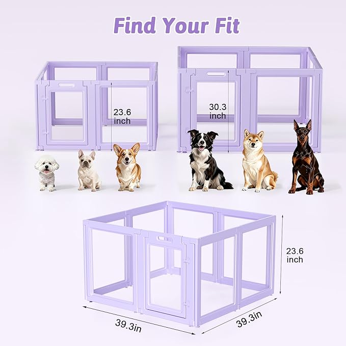 DIY Clear Acrylic Dog Playpen House,Quick Easy Assembly and Disassembly,Strong Floor Suction,Indoor and Outdoor Use,Easy Cleansing Puppy Fence (Purple, 23.6" H, 8PCS)