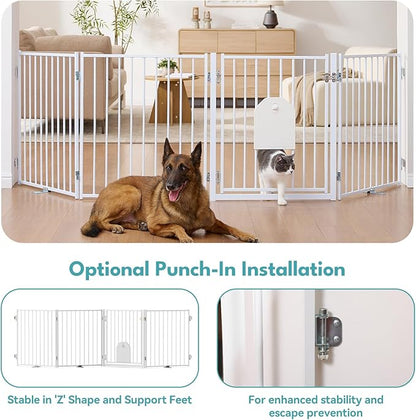 No Pawblems Free Standing Dog Gate with Cat Door, 30'' Tall Foldable Dog Fence for Indoor & Outdoor, Up to 78 Inch Extra Wide Puppy Gate for Stairs, Hallways, Doorways, Deck, Yard (White, 3 Panels)