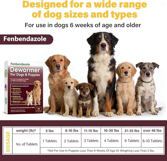 Dog Dewormer for Dogs & Puppies, Fenbendazole All Wormers Tablets for Tapeworms, Roundworms, Hookworms & Whipworms, 48 Count