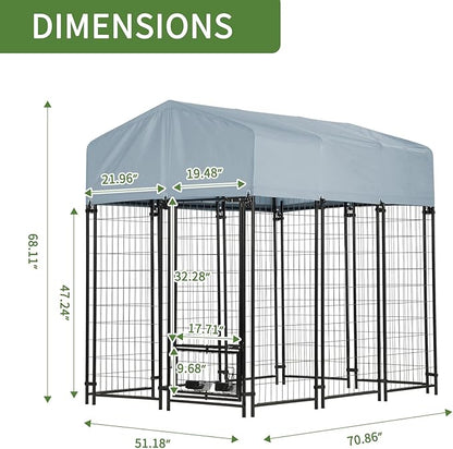 Outdoor Dog Kennel Outside Run with Doggy Door, Swivel Feeder & Roof, 6'x4'x6' Large Dog Kennels Pens Outside for Large Dogs Breed-Heavy Duty Cage Enclosure Yard