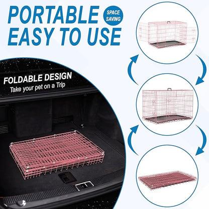 Dog Crate, Wire Kennel with Divider Panel, Metal Cages with Double Door, Leak-Proof Pan Tray, Folding Portable Pet Dog Cage for Indoor Outdoor Travel (Pink, 48")