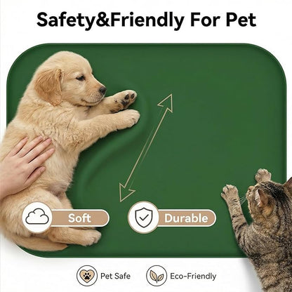 BLESWIN Waterproof Silicone Pet Feeding Mat Green with Raised Edge,24" x 16"Non-Skid Spill Proof Dog Bowl Mats, Easy Clean Cat Bowls Placemat for Cats and Dogs