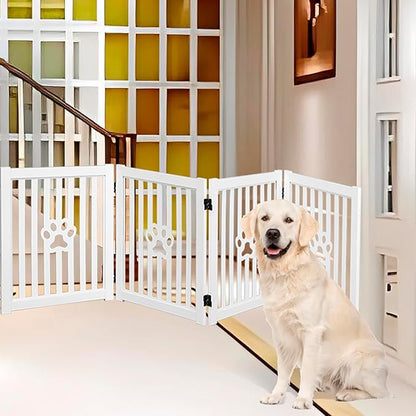 4 Panel Dog Gate - White - Foldable Wooden Freestanding Pet Gate, 80" L x 23.6" H, for Doorways, Halls & Stairs, 360 Degree Rotated Hinges