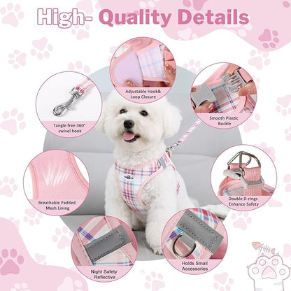Gyuzh Dog Harness and Leash Set, 3-in-1 Step in No Pull Harness Vest Collar for Small Dogs & Cats, Lightweight Breathable Mesh Reflective Plaid with Padded Handle (Pink, L)
