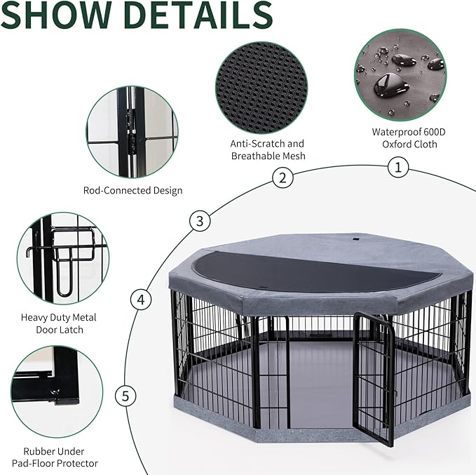 PETIME Dog Playpen,Metal Exercise Puppy Pen Heavy Duty Kennels Yard Fence Indoor/Outdoor 22" W x 24" H 8 Panels Dog Cage with Octagon Top Cover and Bottom Pad