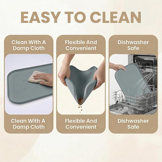 BLESWIN Waterproof Silicone Pet Feeding Mat Grey with Raised Edge,24" x 16"Non-Skid Spill Proof Dog Bowl Mats, Easy Clean Cat Bowls Placemat for Cats and Dogs