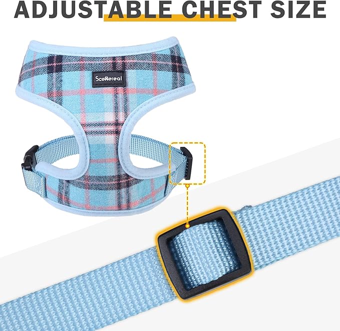 SCENEREAL Puppy Dog Harness with Leash Set for Small Medium Sized Dogs, Soft Mesh Pet Harnesses and Leash, No Chock Plaid Adjustable No Pull Vest for Dogs Cats, Chihuahua,Bulldog (Blue XS)