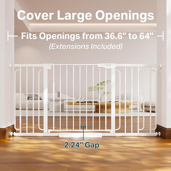 Cumbor 36.6-64" Extra Wide Baby Gate for Stairs, Dog Gates for Doorways, Auto-Close Pet Gate Indoor, Pressure Mounted Walk Through Safety Child Gate for Kids Toddler, Tall Pet Puppy Fence Gate, White