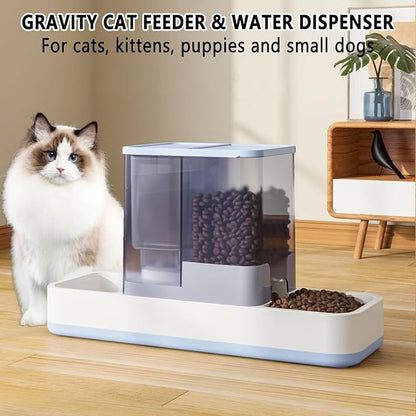kathson Gravity Cat Food and Water Dispenser Automatic Dog Feeder Waterer 2 in 1 Auto Pet Food and Water Bowl Set Self Feeding for Puppy Kitten，Blue