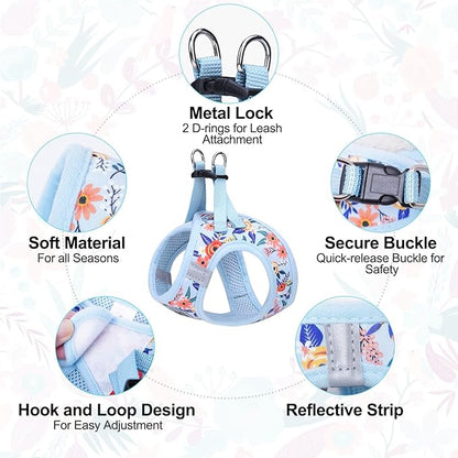 BEAUTYZOO Step in Dog Harness and Leash Set, Floral Pattern Reflective No Pull No Choke Puppy Harness for Small Medium Large Dogs Cats, Soft Padded Mesh Vest Harnesses for Girl and Boy Pets