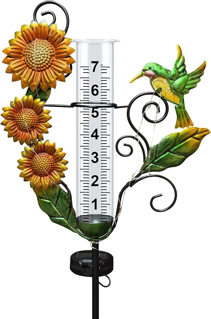 Rain Gauge Outdoor - Solar Rain Gauges with Lights Waterproof Metal Stake Hummingbird & Sunflowers Decorative Rain Gauge Freeze Proof 7" Measuring Cup for Garden Yard Lawn Decor