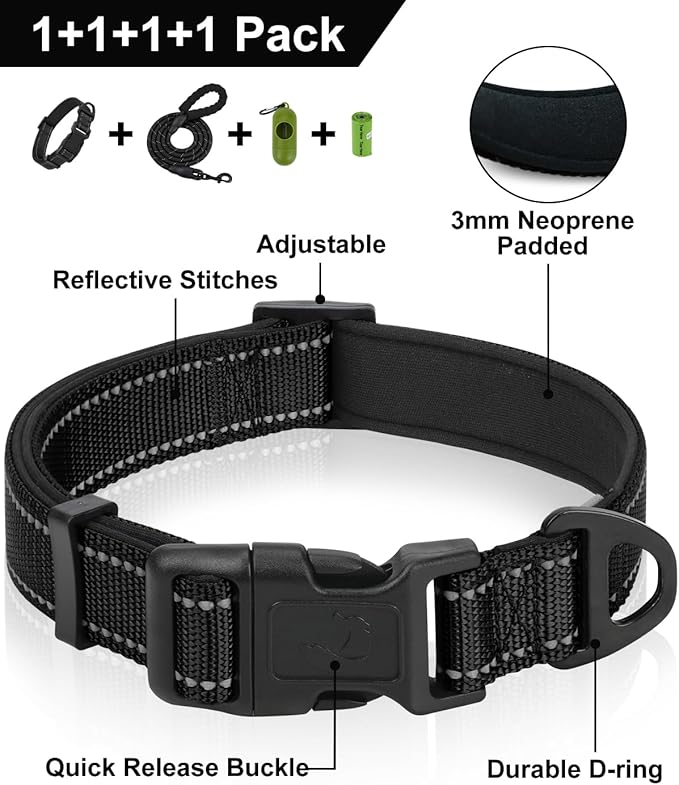 Dynmeow Reflective Dog Collar and Leash Set, 6FT Strong Climbing Rope Leash with Padded Handle, Adjustable Pet Collar with Soft Neoprene Padding for Large Dogs, Black, L