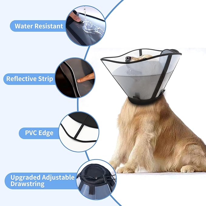 WinWeal Soft Dog Cone Collar for Dogs After Surgery, Transparent Breathable Pet Recovery Collar for Large Medium Dogs, Adjustable Dog Cone Collar, Elizabethan Collar (L, Black)