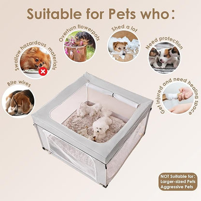 EHEYCIGA 42x42x26 Inches Puppy Playpen with Top Cover for Dogs & Cats Indoor or Outdoor - Dog Playpen with Door, Dog Fence for Small Animal with Heavy-Duty Oxford & Steel Frame, Sliver Grey